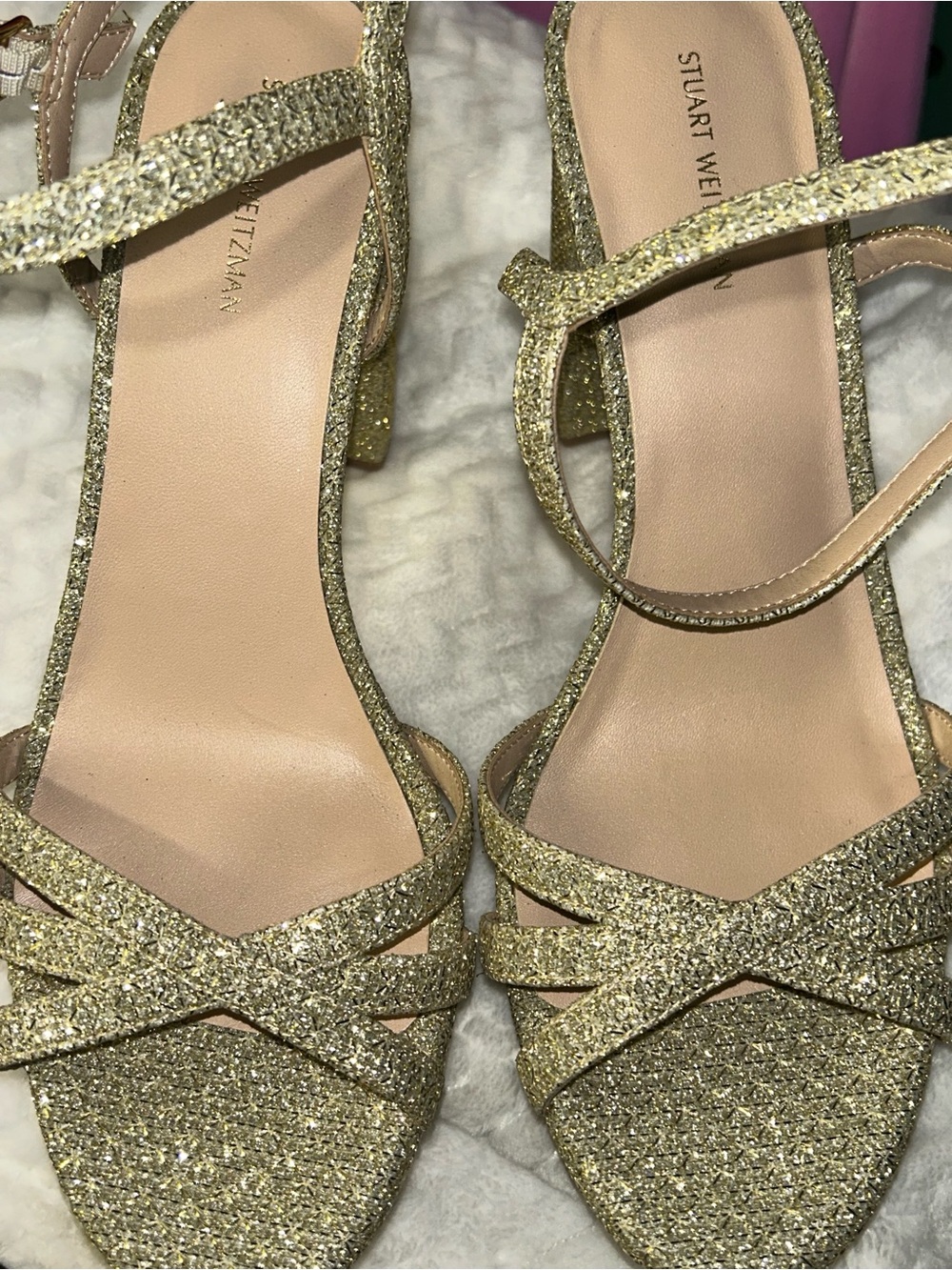 Stuart Weitzman Gold Glitter Platform Chunky Heels New Without Box